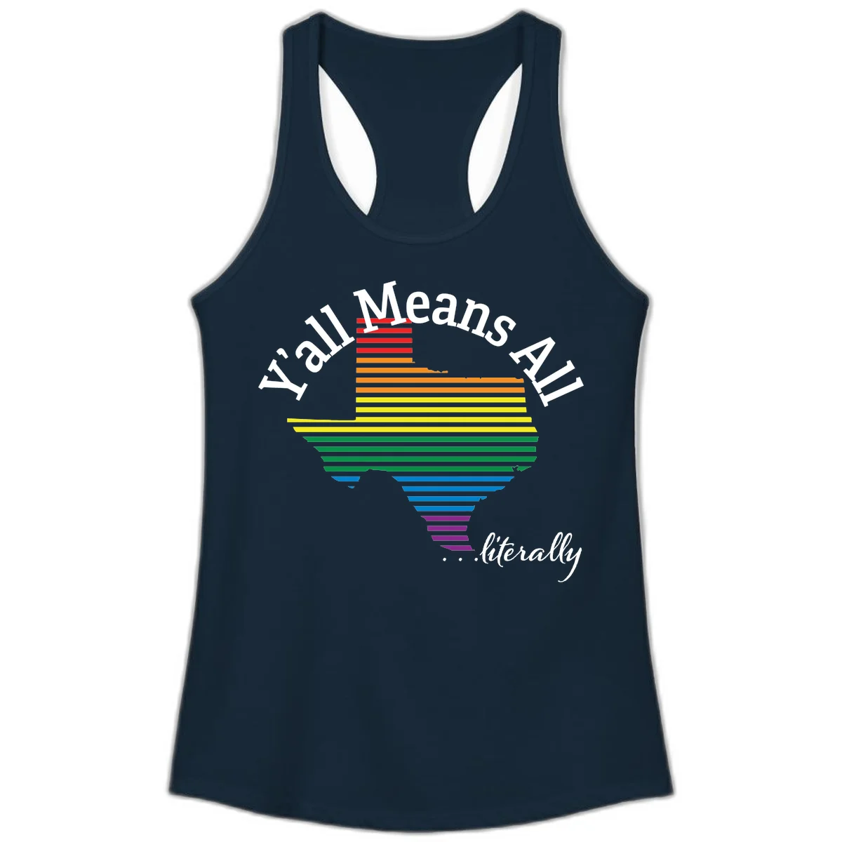 Y'all Means All Pride design featuring a rainbow-colored funnel with horizontal bars narrowing downward, with inclusive messaging in white text. in Solid Midnight Navy