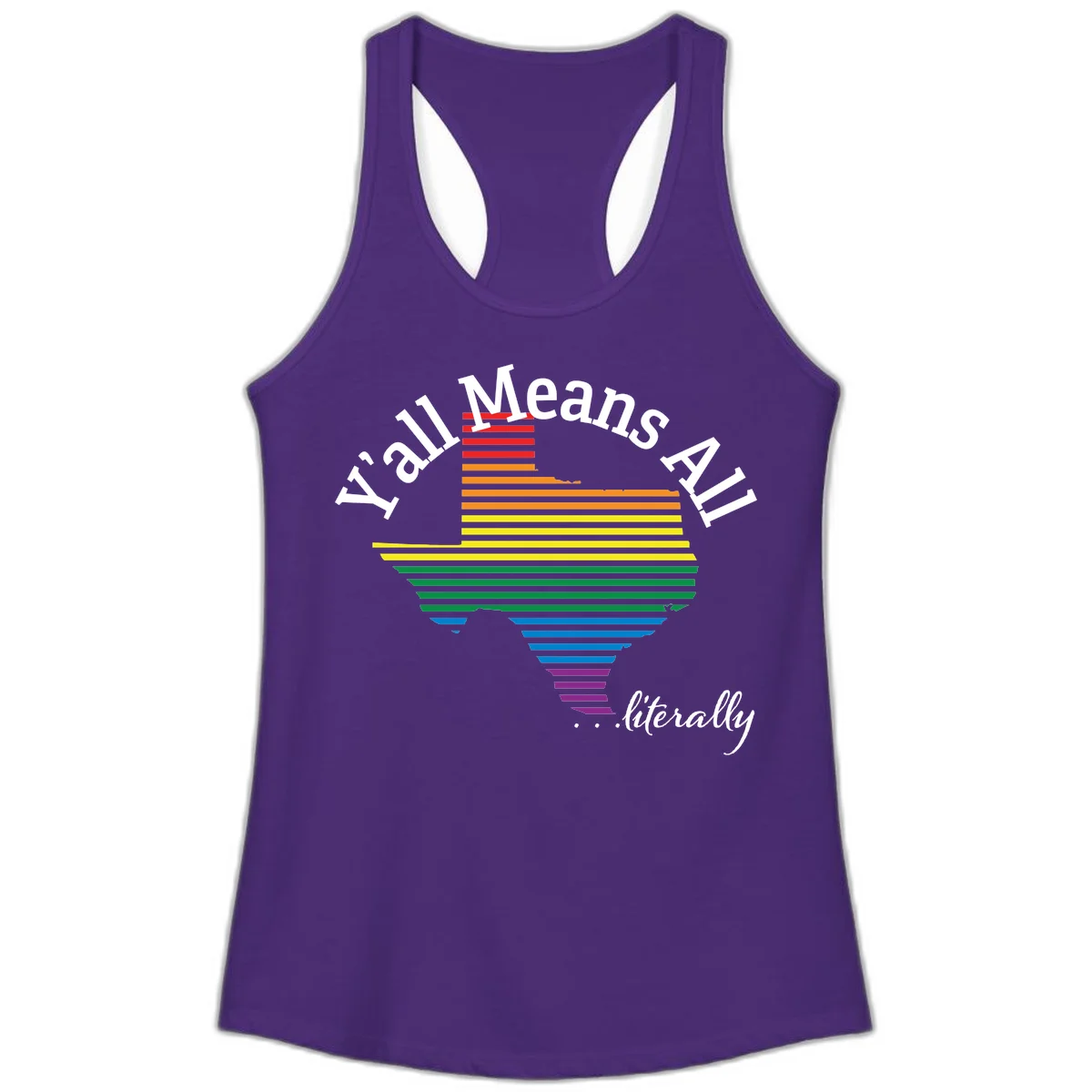 Y'all Means All Pride design featuring a rainbow-colored funnel with horizontal bars narrowing downward, with inclusive messaging in white text. in Solid Purple Rush