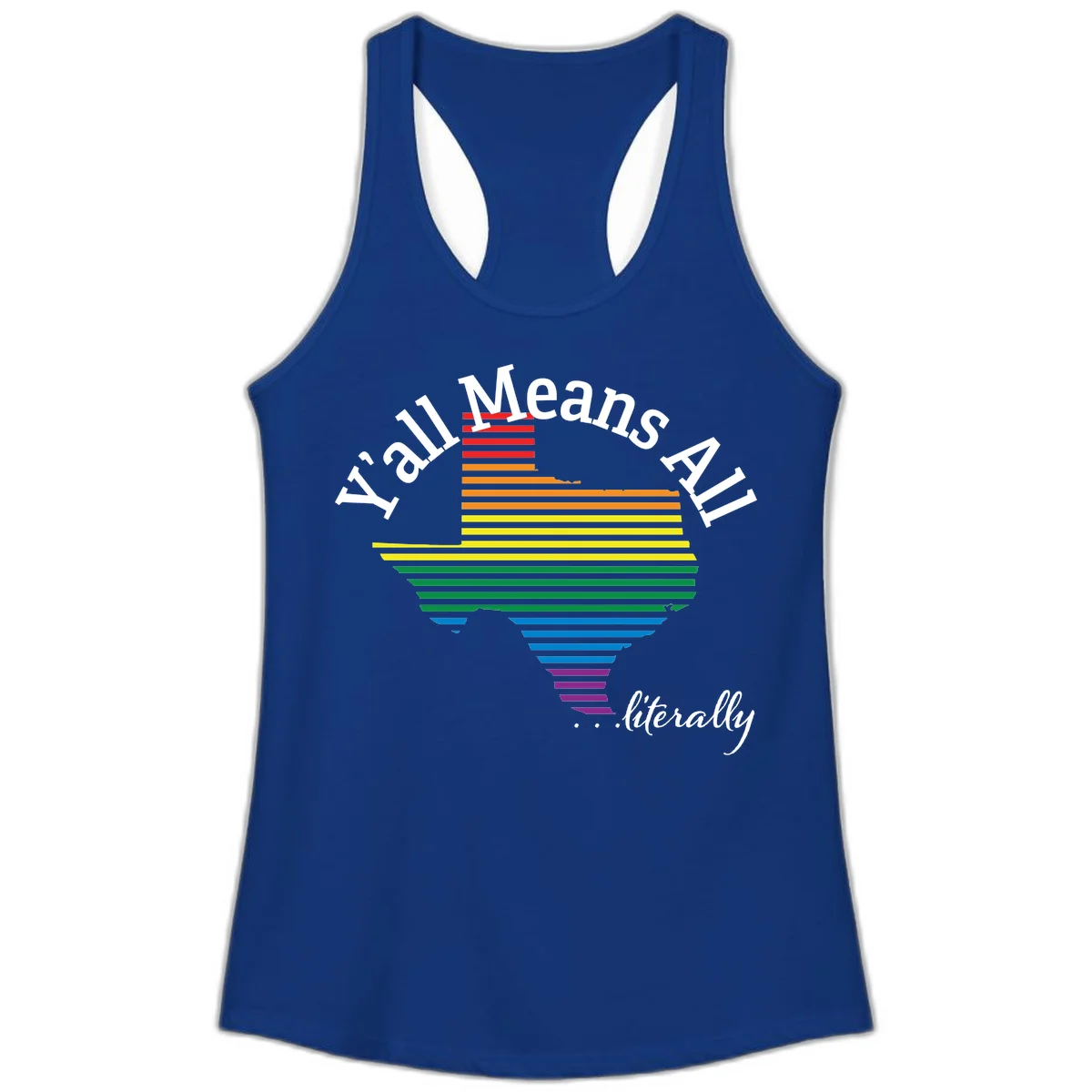 Y'all Means All Pride design featuring a rainbow-colored funnel with horizontal bars narrowing downward, with inclusive messaging in white text. in Solid Royal