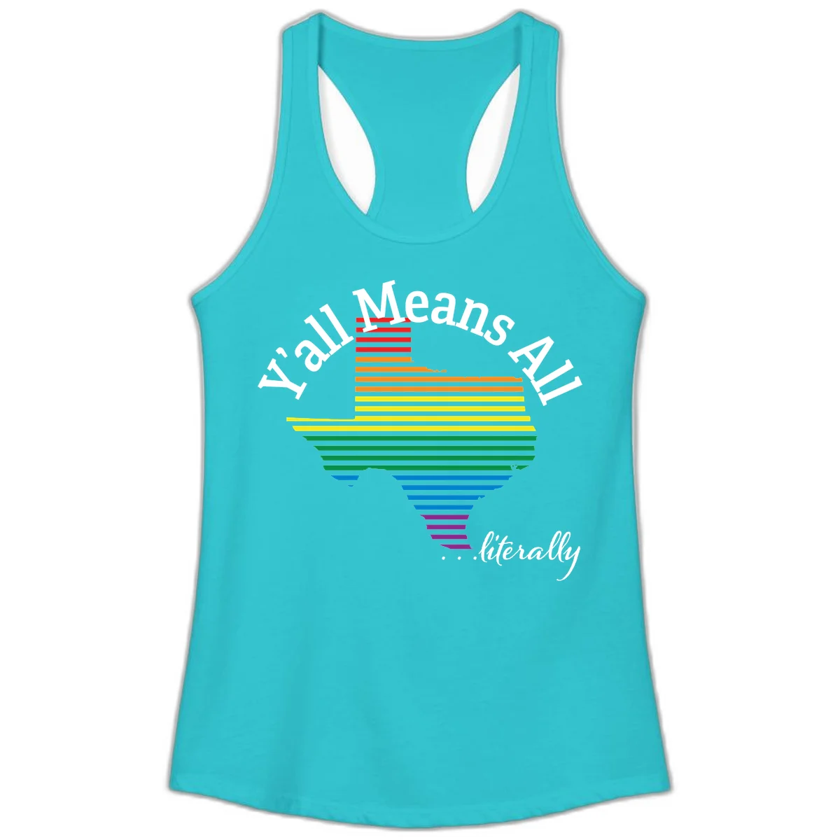 Y'all Means All Pride design featuring a rainbow-colored funnel with horizontal bars narrowing downward, with inclusive messaging in white text. in Solid Tahiti Blue