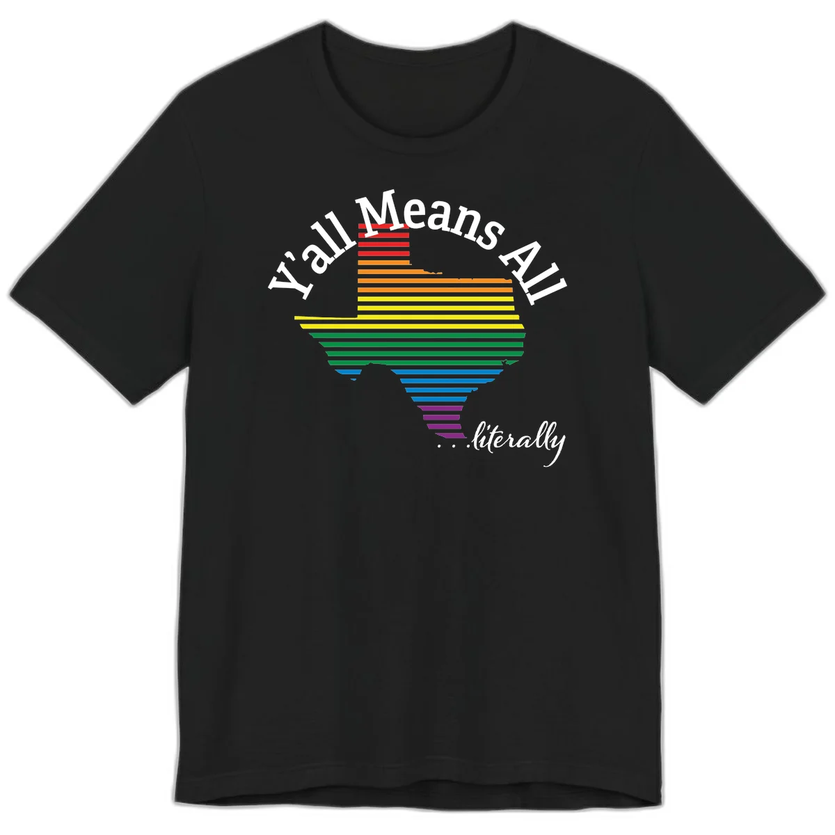 Y'all Means All Pride design featuring a rainbow-colored funnel with horizontal bars narrowing downward, with inclusive messaging in white text. in Black