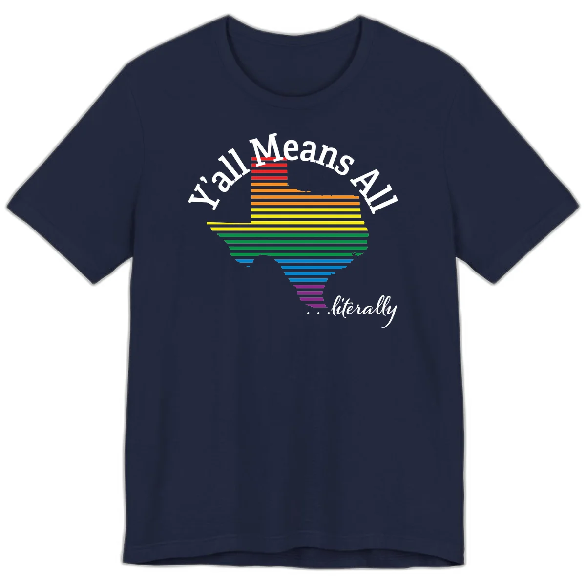 Y'all Means All Pride design featuring a rainbow-colored funnel with horizontal bars narrowing downward, with inclusive messaging in white text. in Navy