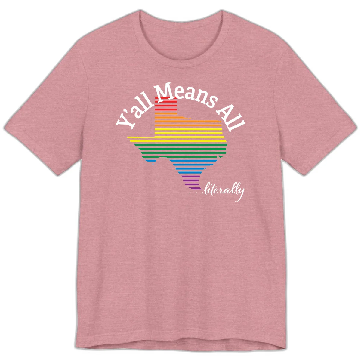 Y'all Means All Pride design featuring a rainbow-colored funnel with horizontal bars narrowing downward, with inclusive messaging in white text. in Heather Orchid