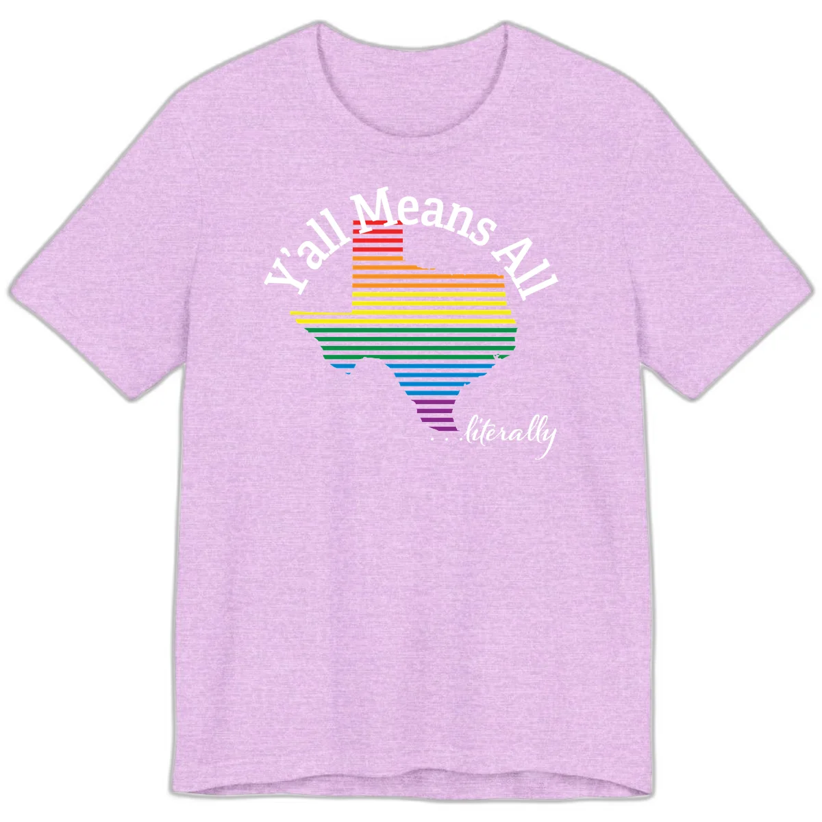 Y'all Means All Pride design featuring a rainbow-colored funnel with horizontal bars narrowing downward, with inclusive messaging in white text. in Heather Prism Lilac
