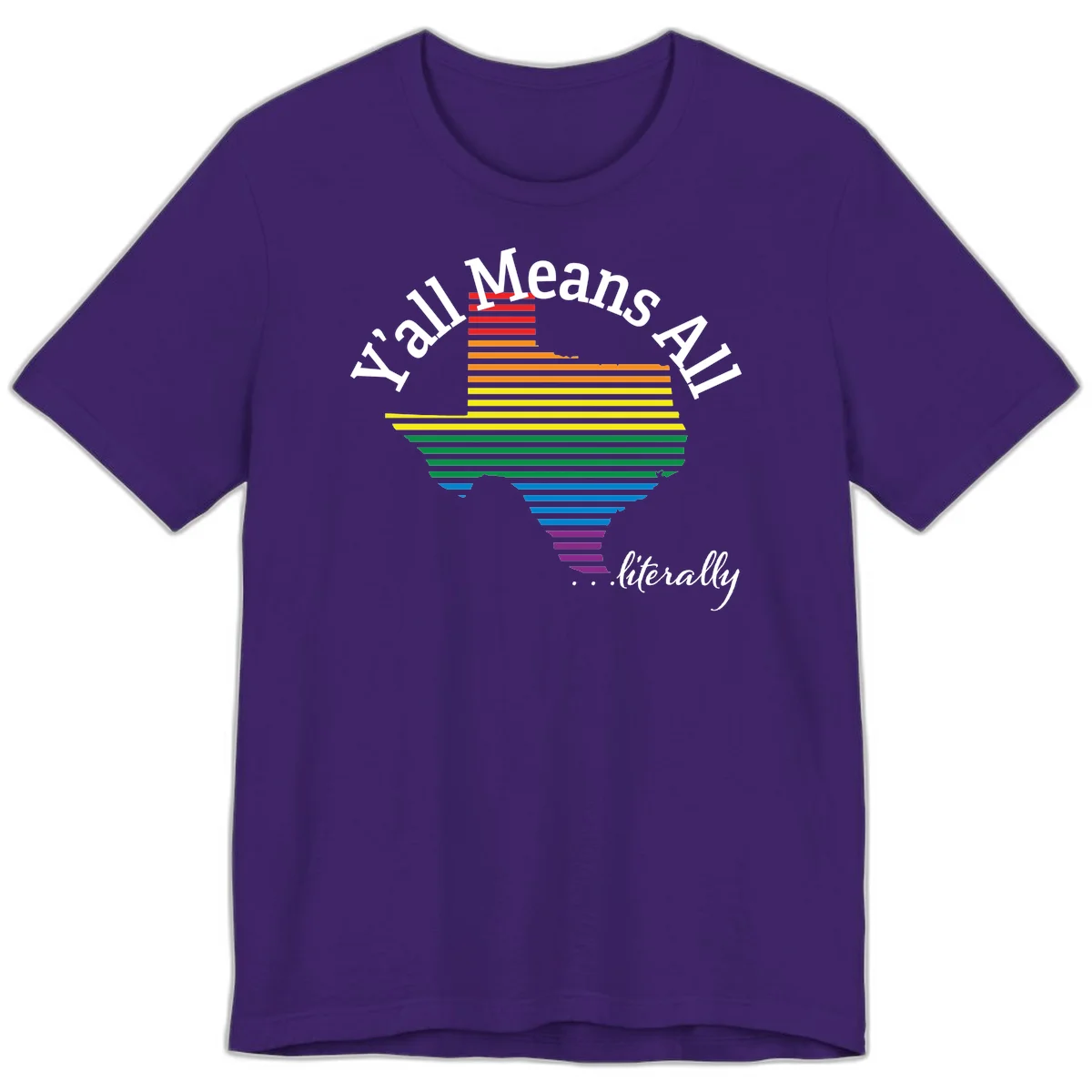Y'all Means All Pride design featuring a rainbow-colored funnel with horizontal bars narrowing downward, with inclusive messaging in white text. in Team Purple