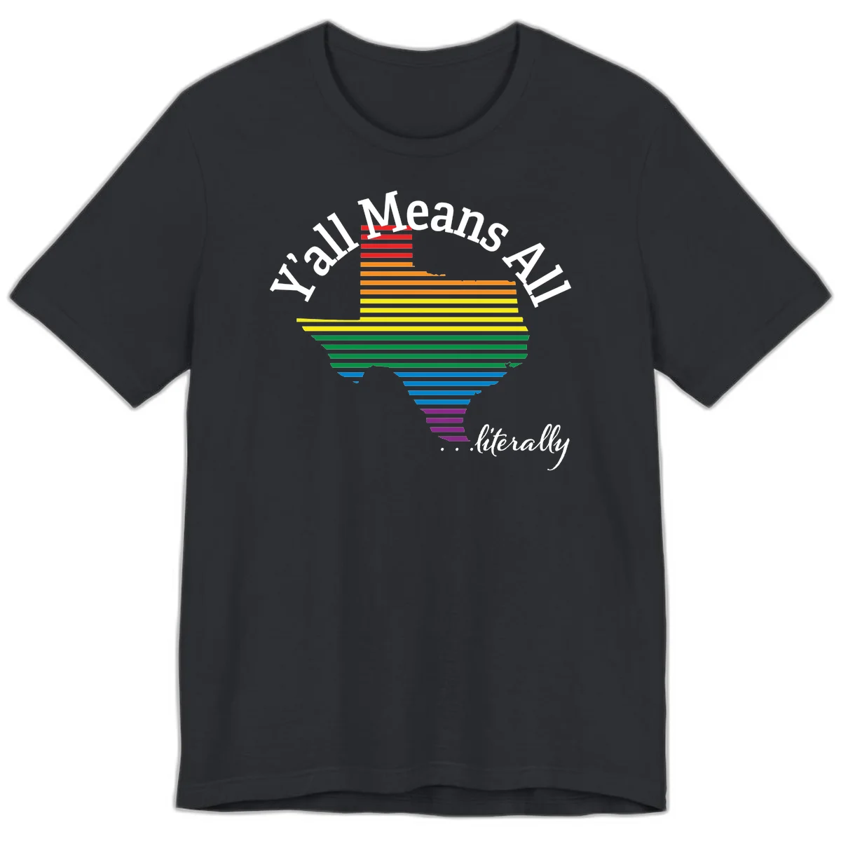 Y'all Means All Pride design featuring a rainbow-colored funnel with horizontal bars narrowing downward, with inclusive messaging in white text. in Vintage Black