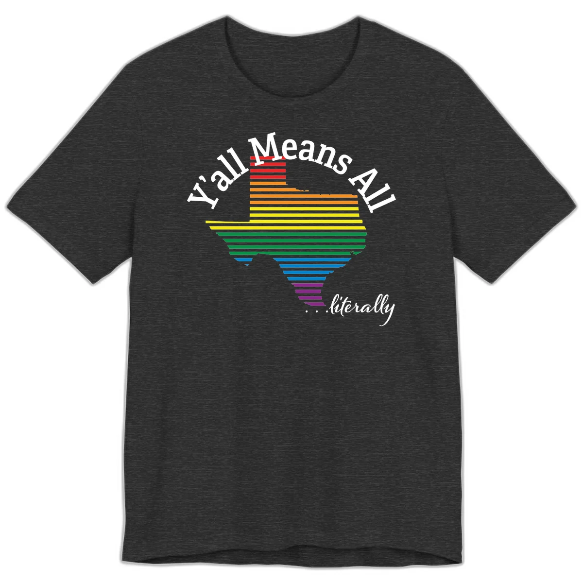 Y'all Means All Pride design featuring a rainbow-colored funnel with horizontal bars narrowing downward, with inclusive messaging in white text. in Dark Grey Heather