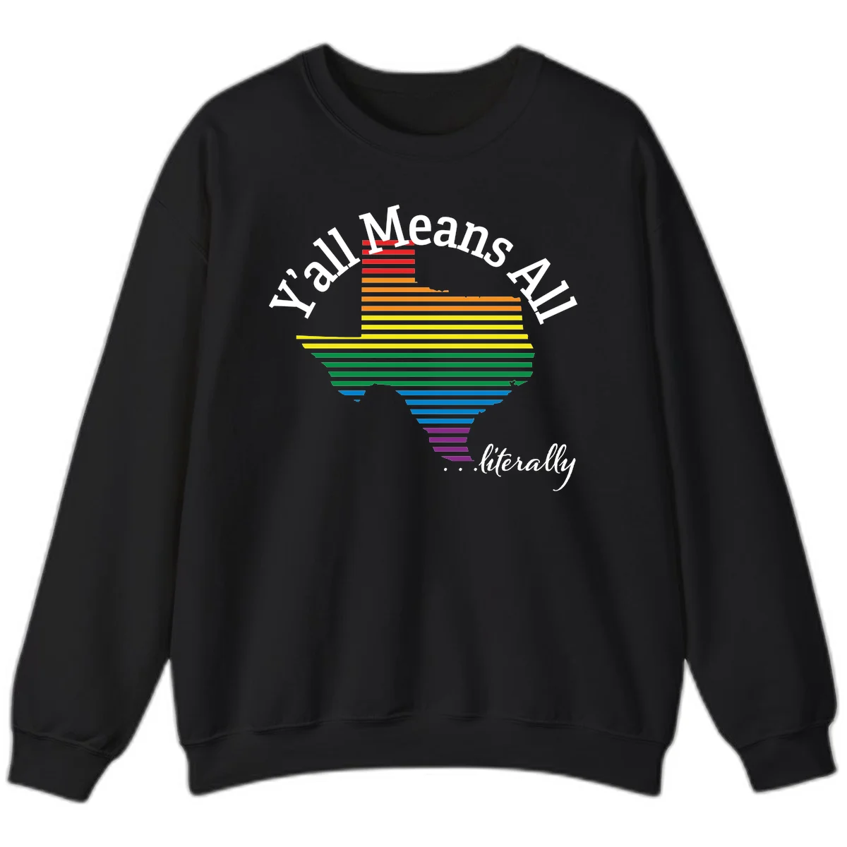 Y'all Means All Pride design featuring a rainbow-colored funnel with horizontal bars narrowing downward, with inclusive messaging in white text. in Black