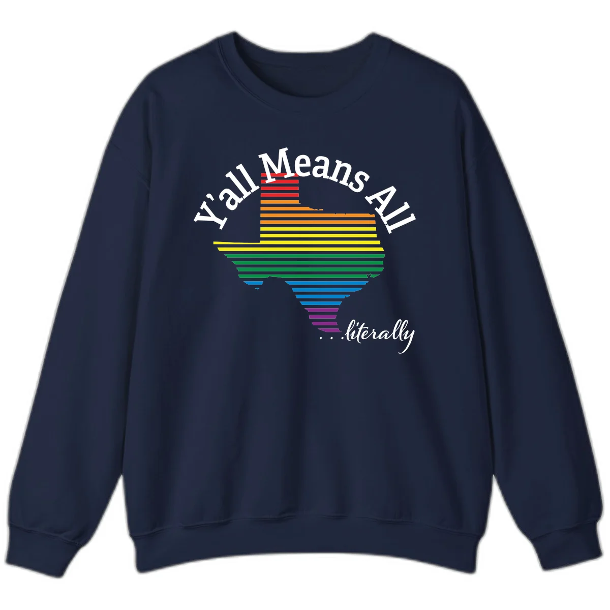 Y'all Means All Pride design featuring a rainbow-colored funnel with horizontal bars narrowing downward, with inclusive messaging in white text. in Navy