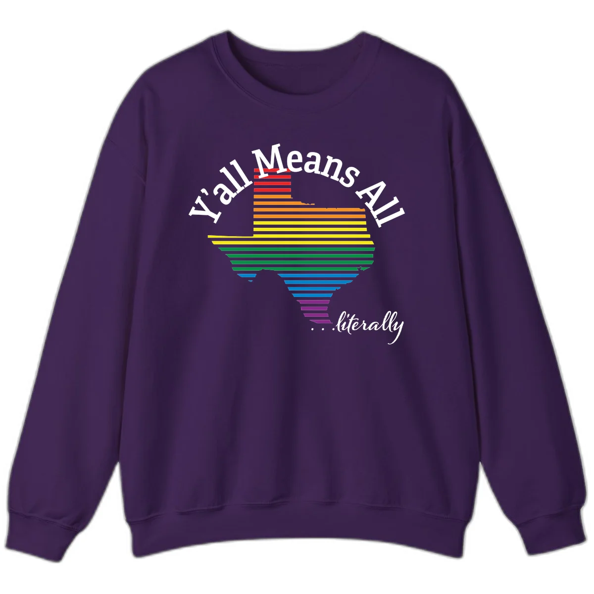 Y'all Means All Pride design featuring a rainbow-colored funnel with horizontal bars narrowing downward, with inclusive messaging in white text. in Purple