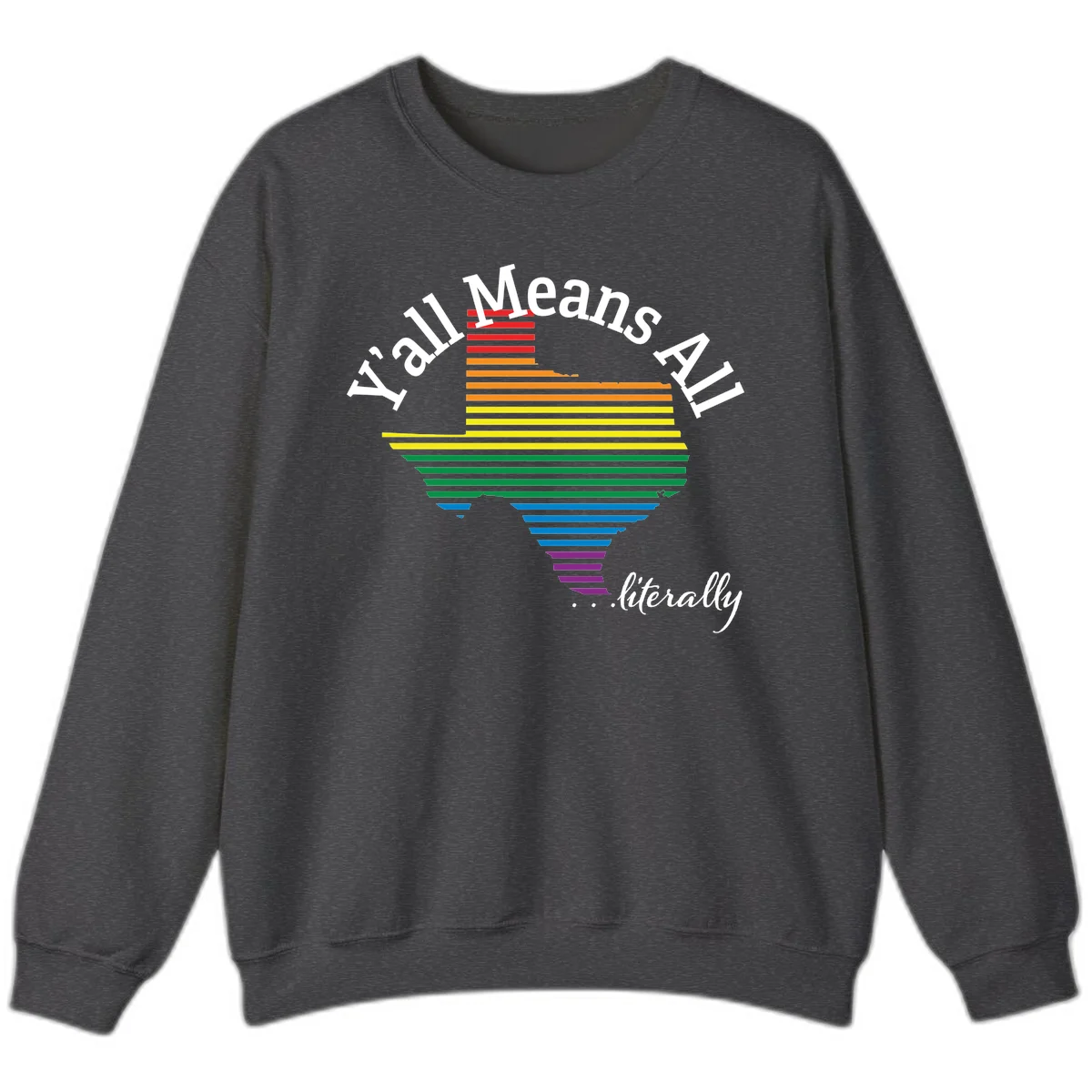 Y'all Means All Pride design featuring a rainbow-colored funnel with horizontal bars narrowing downward, with inclusive messaging in white text. in Dark Heather