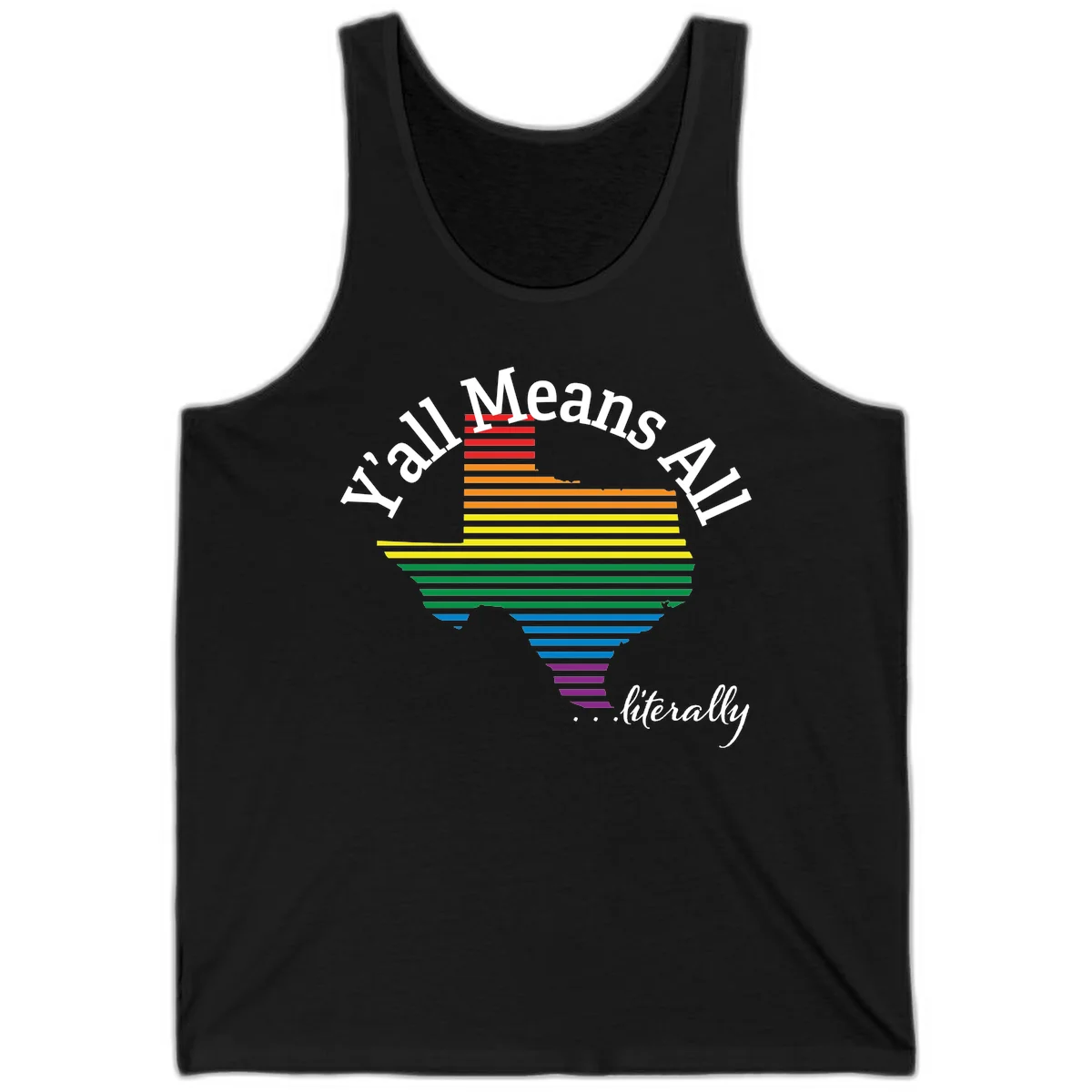 Y'all Means All Pride design featuring a rainbow-colored funnel with horizontal bars narrowing downward, with inclusive messaging in white text. in Black