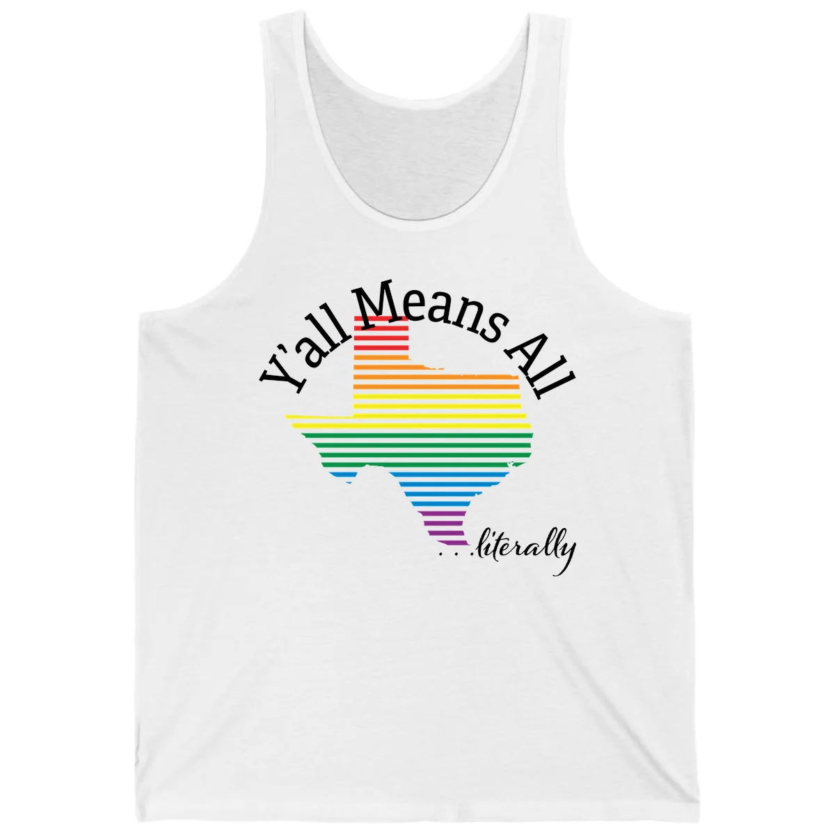 Y'all Means All Pride design featuring a rainbow-colored funnel with horizontal bars narrowing downward, with inclusive messaging in white text. in White