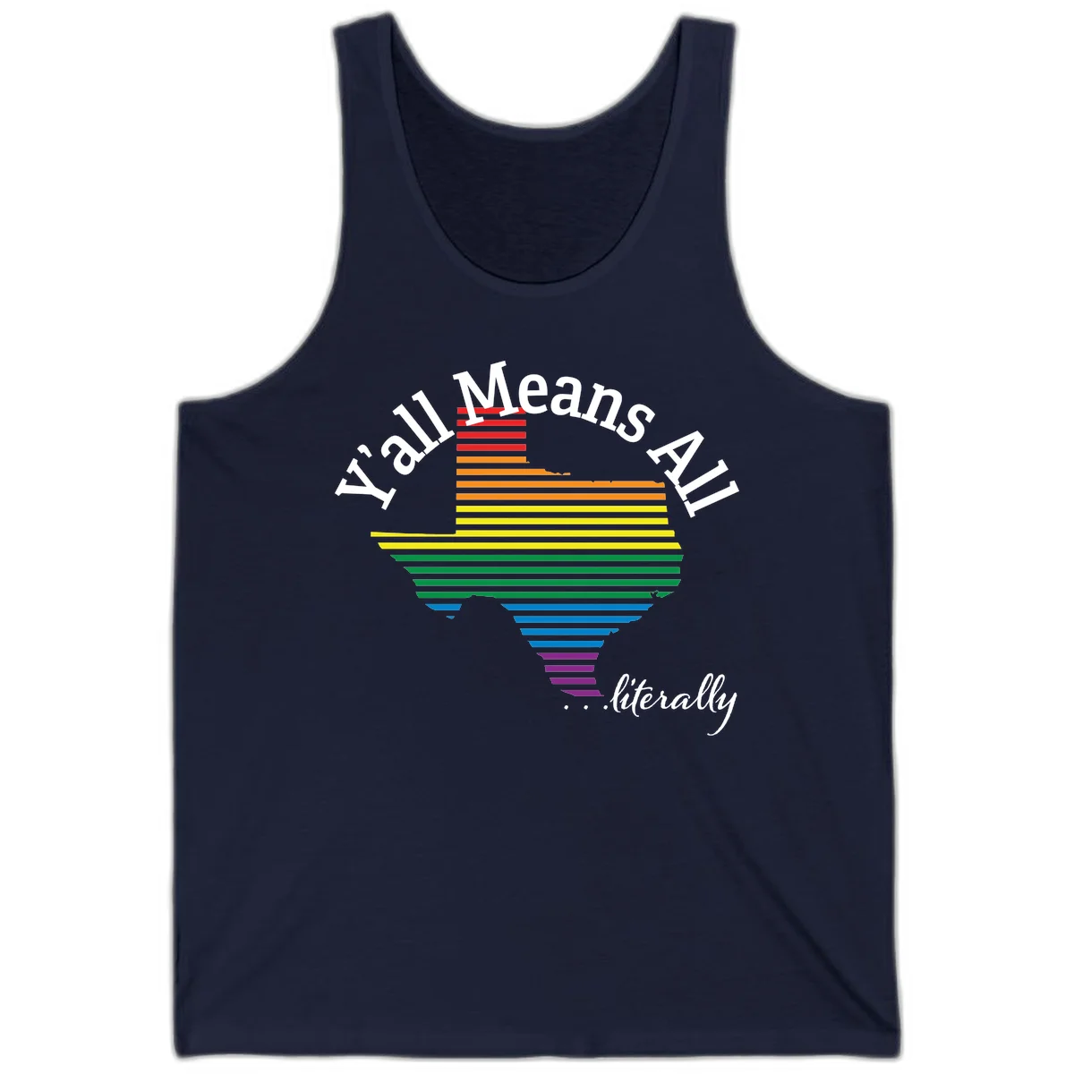 Y'all Means All Pride design featuring a rainbow-colored funnel with horizontal bars narrowing downward, with inclusive messaging in white text. in Navy