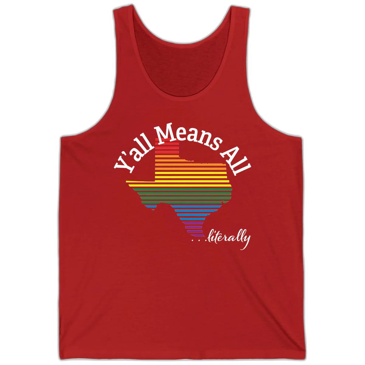 Y'all Means All Pride design featuring a rainbow-colored funnel with horizontal bars narrowing downward, with inclusive messaging in white text. in Red