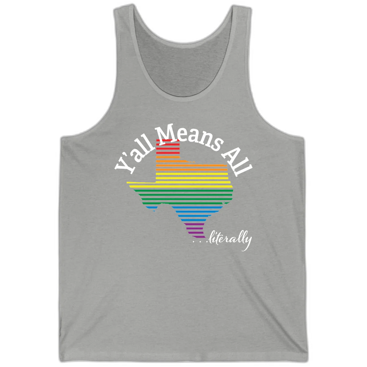 Y'all Means All Pride design featuring a rainbow-colored funnel with horizontal bars narrowing downward, with inclusive messaging in white text. in Athletic Heather