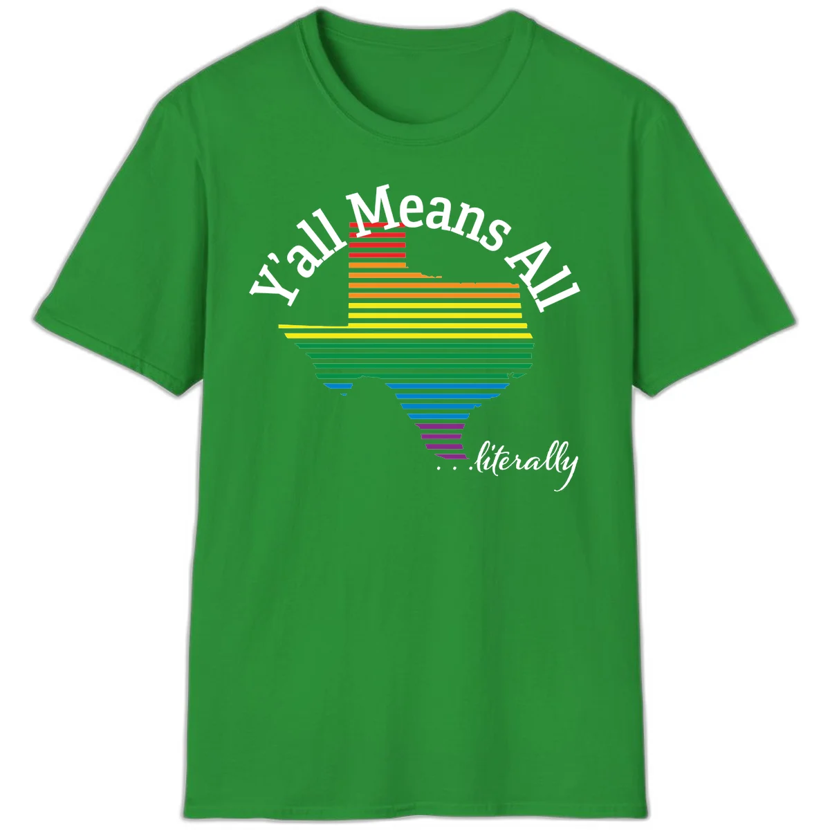 Y'all Means All Pride design featuring a rainbow-colored funnel with horizontal bars narrowing downward, with inclusive messaging in white text. in Irish Green