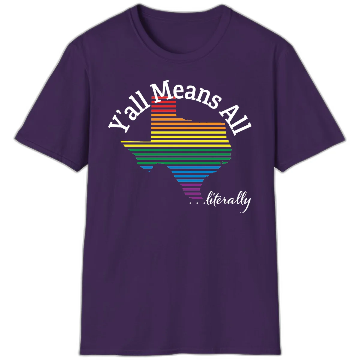 Y'all Means All Pride design featuring a rainbow-colored funnel with horizontal bars narrowing downward, with inclusive messaging in white text. in Purple