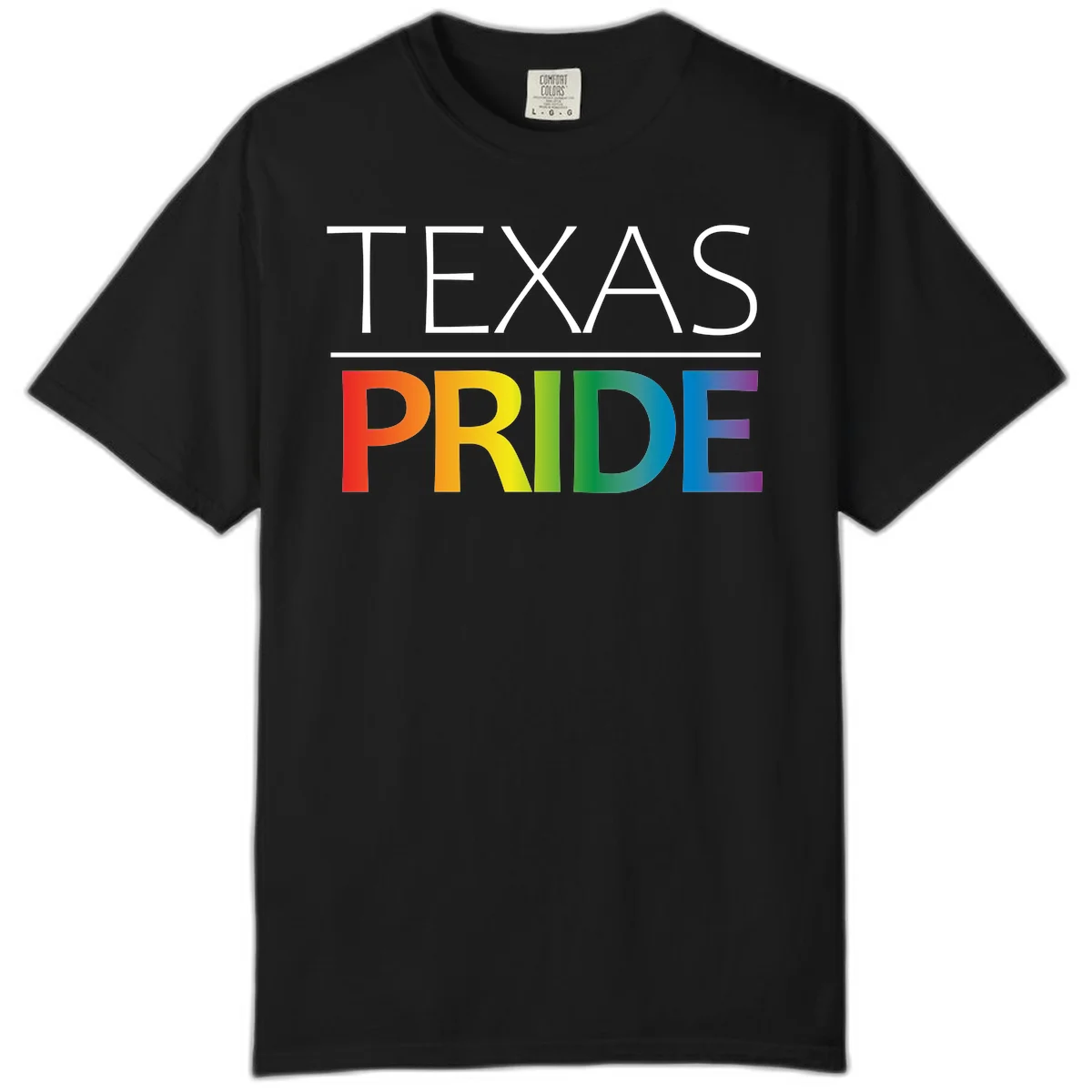 Texas Pride design with rainbow gradient letters spelling TEXAS and PRIDE in bold typography in Black