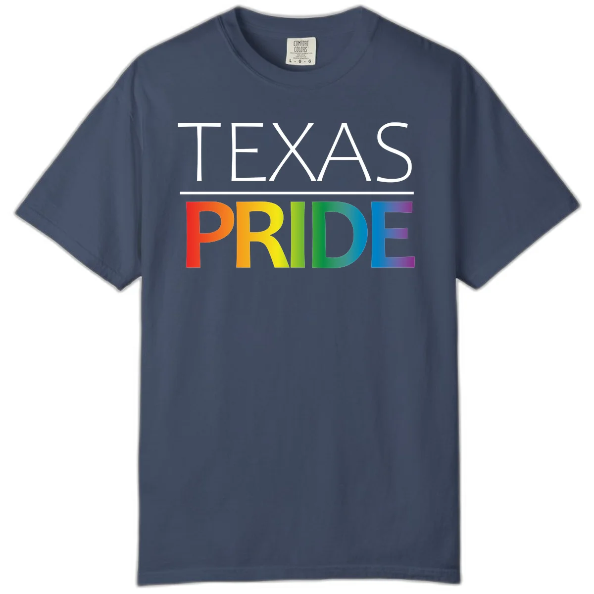 Texas Pride design with rainbow gradient letters spelling TEXAS and PRIDE in bold typography in Midnight
