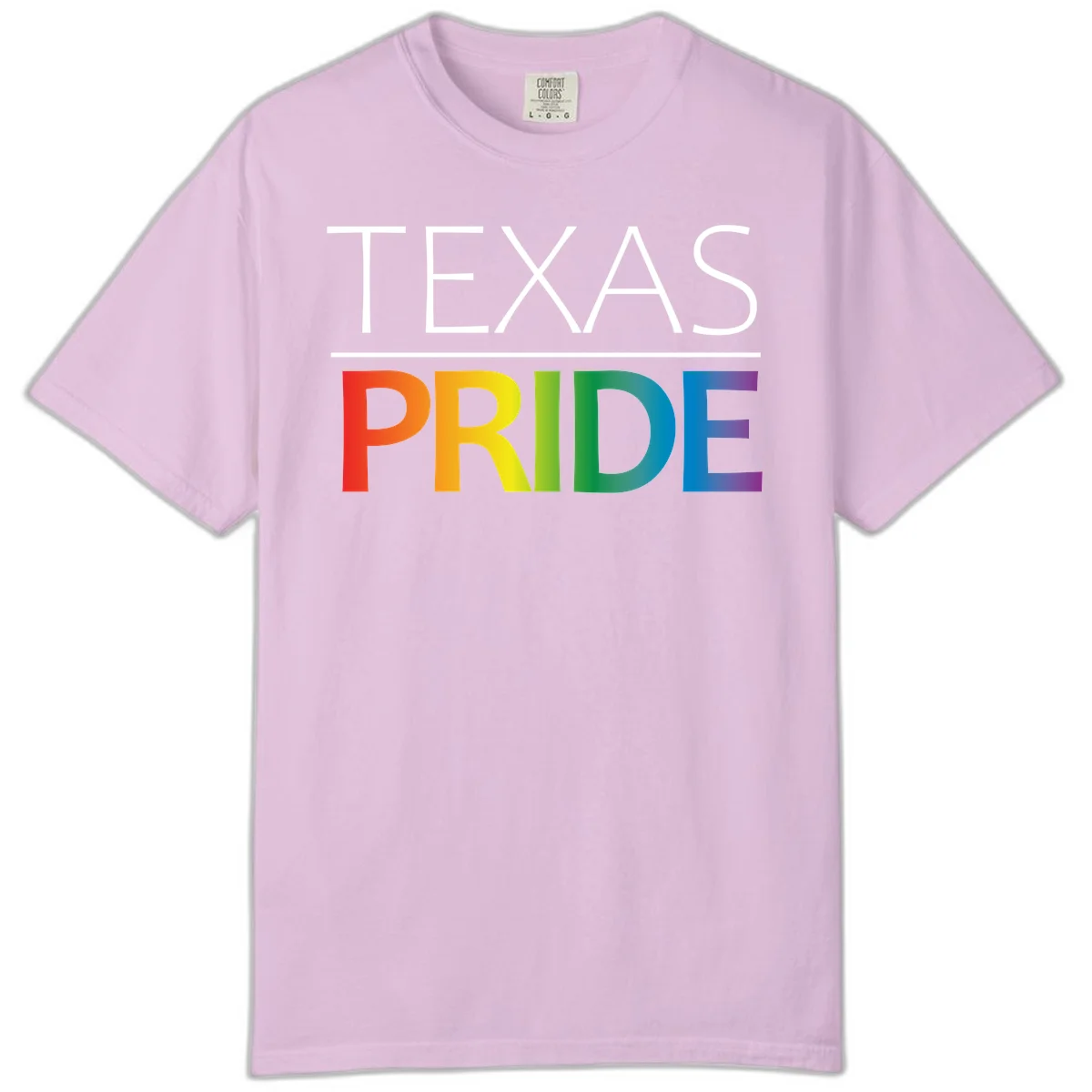 Texas Pride design with rainbow gradient letters spelling TEXAS and PRIDE in bold typography in Orchid