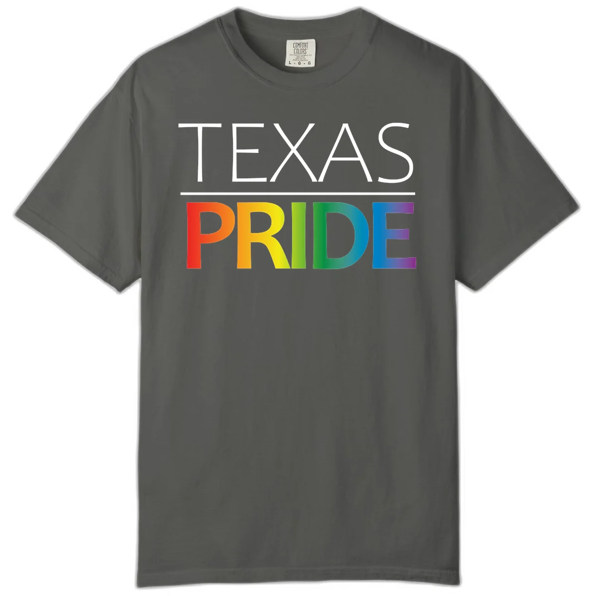 Texas Pride design with rainbow gradient letters spelling TEXAS and PRIDE in bold typography in Pepper
