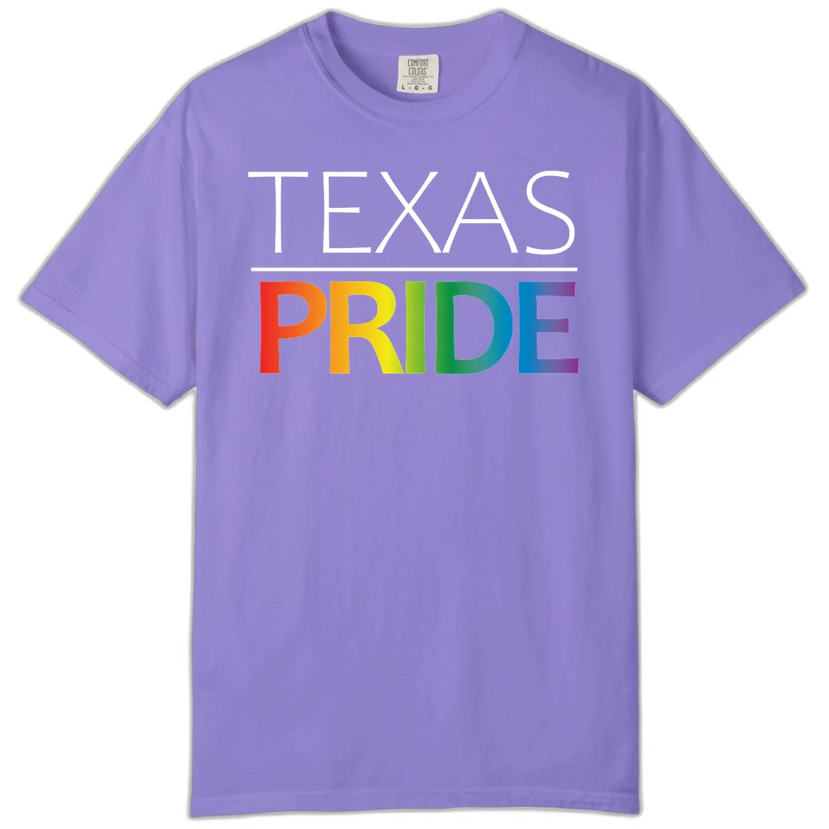 Texas Pride design with rainbow gradient letters spelling TEXAS and PRIDE in bold typography in Violet