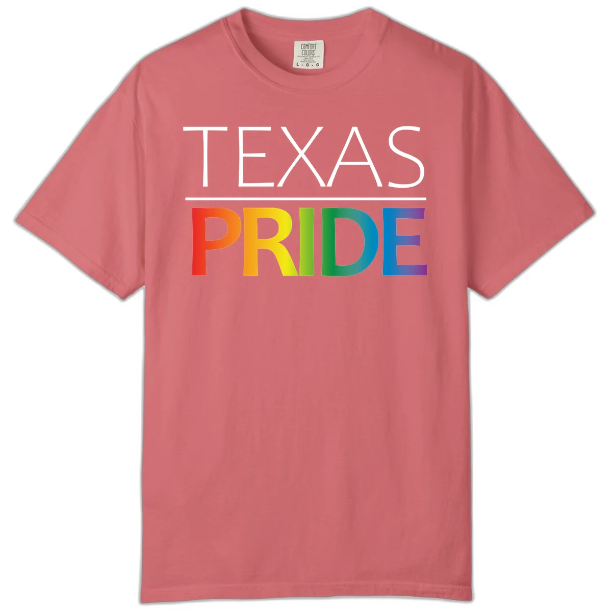 Texas Pride design with rainbow gradient letters spelling TEXAS and PRIDE in bold typography in Watermelon