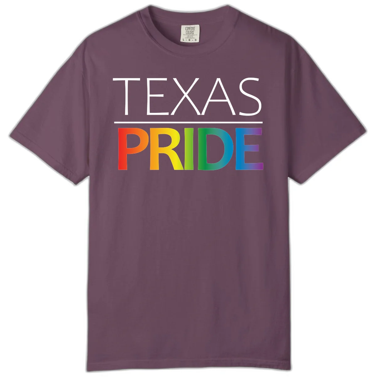Texas Pride design with rainbow gradient letters spelling TEXAS and PRIDE in bold typography in Berry