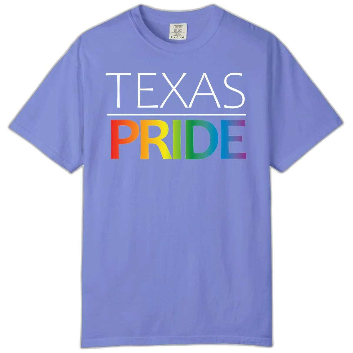 Texas Pride design with rainbow gradient letters spelling TEXAS and PRIDE in bold typography in Flo Blue
