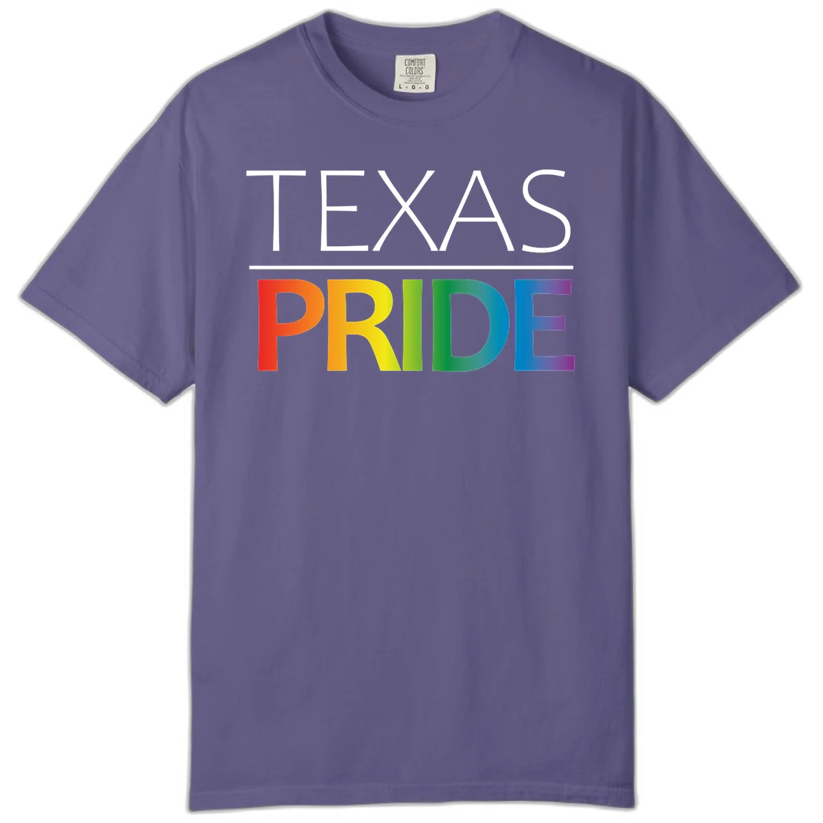 Texas Pride design with rainbow gradient letters spelling TEXAS and PRIDE in bold typography in Grape