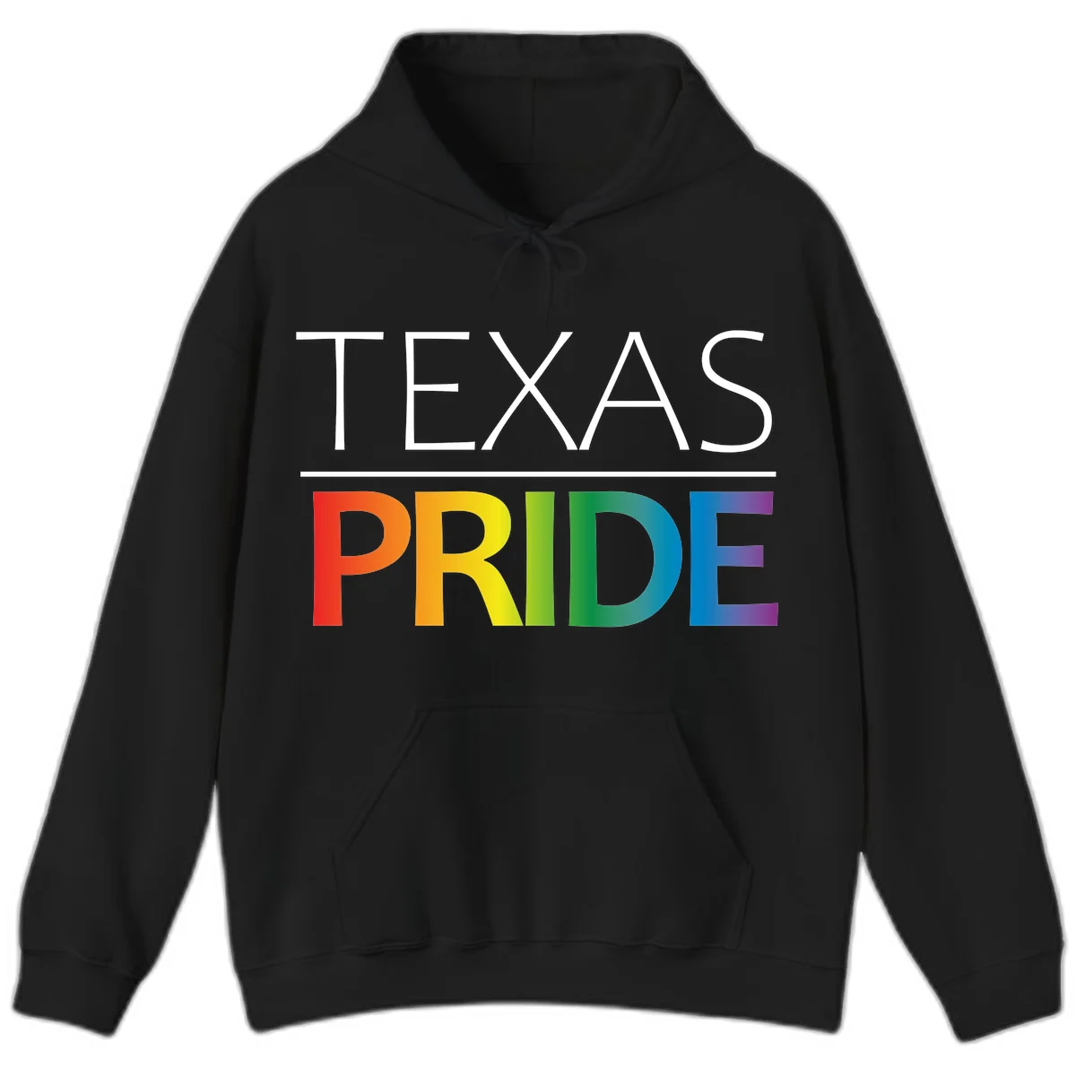 Texas Pride design with rainbow gradient letters spelling TEXAS and PRIDE in bold typography in Black