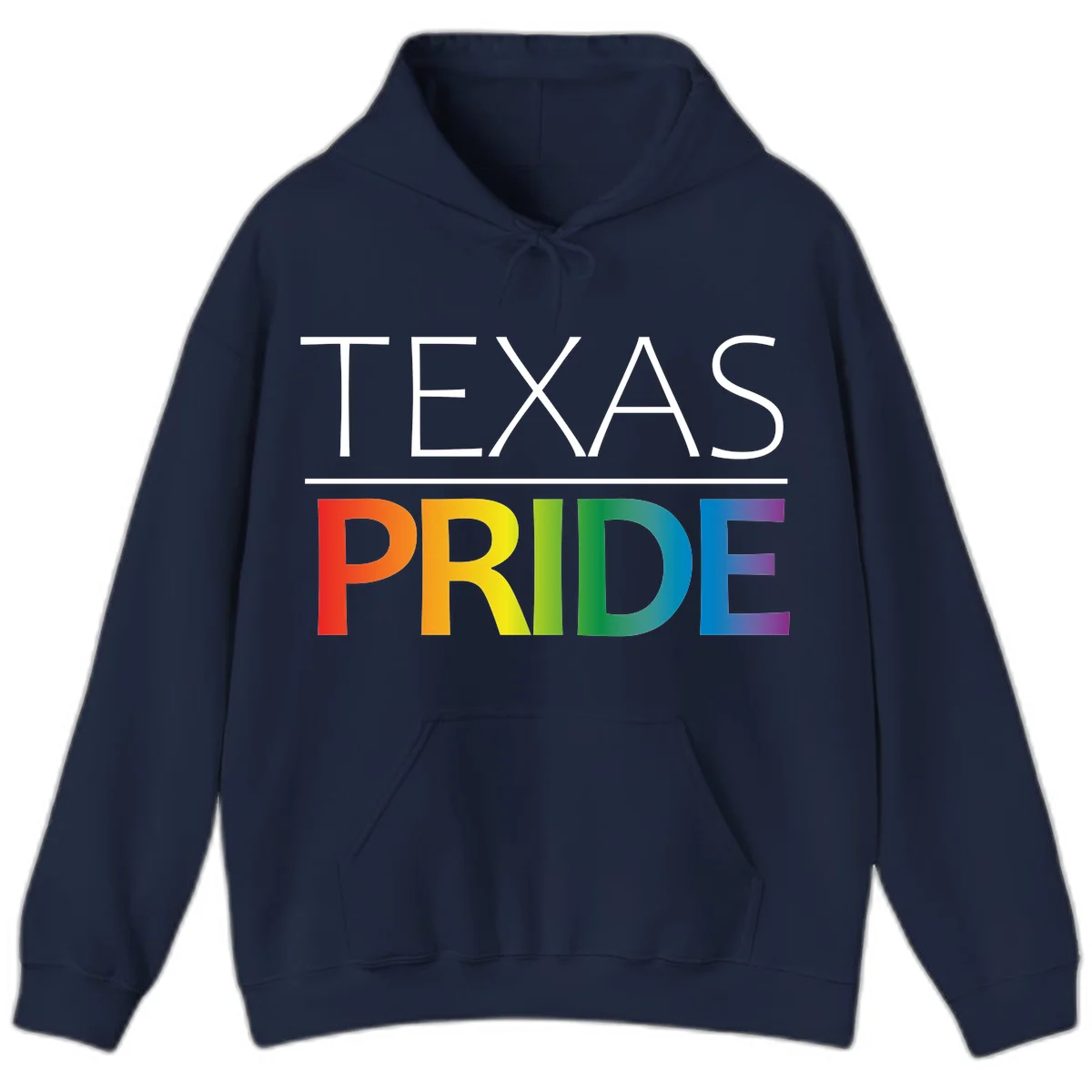 Texas Pride design with rainbow gradient letters spelling TEXAS and PRIDE in bold typography in Navy