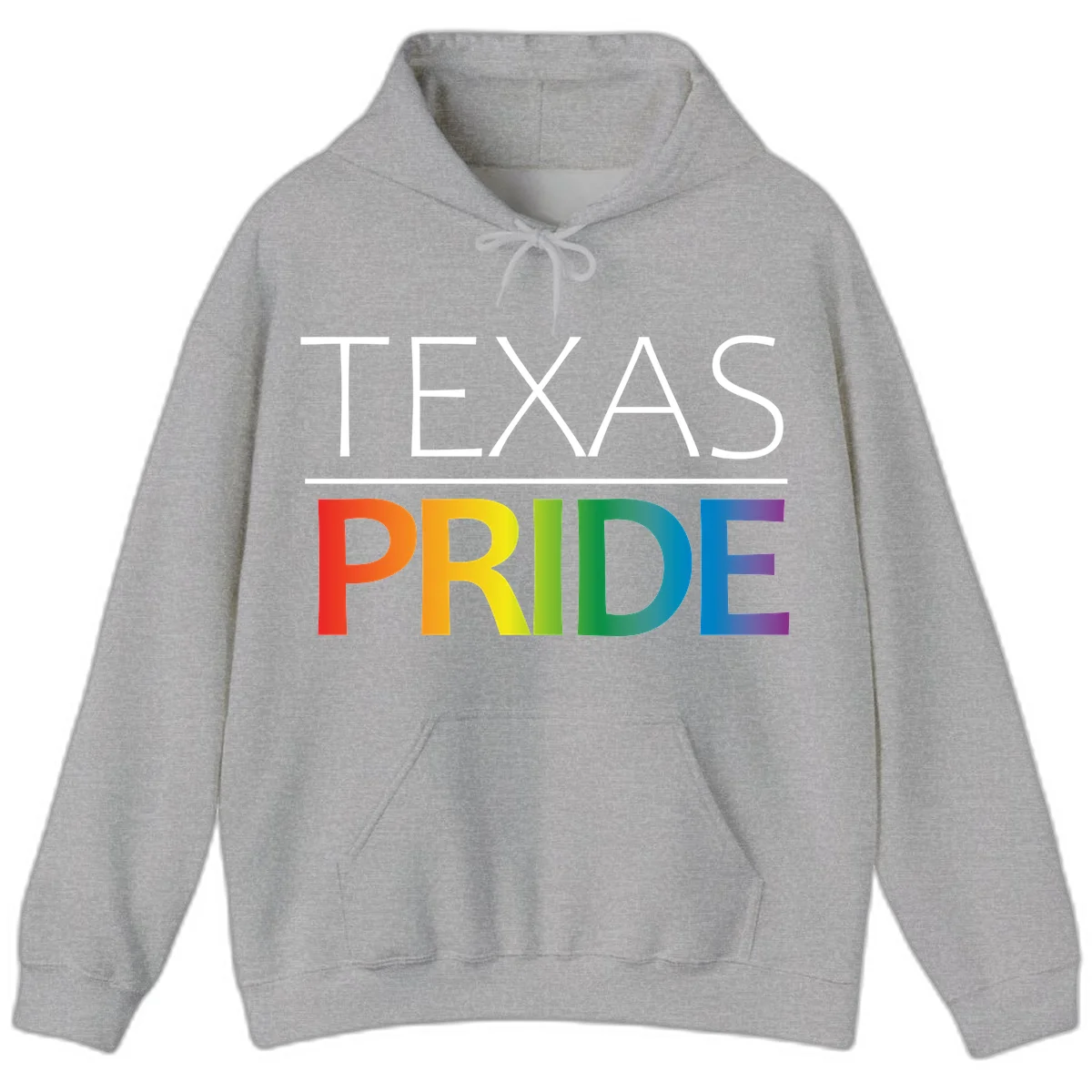 Texas Pride design with rainbow gradient letters spelling TEXAS and PRIDE in bold typography in Sport Grey