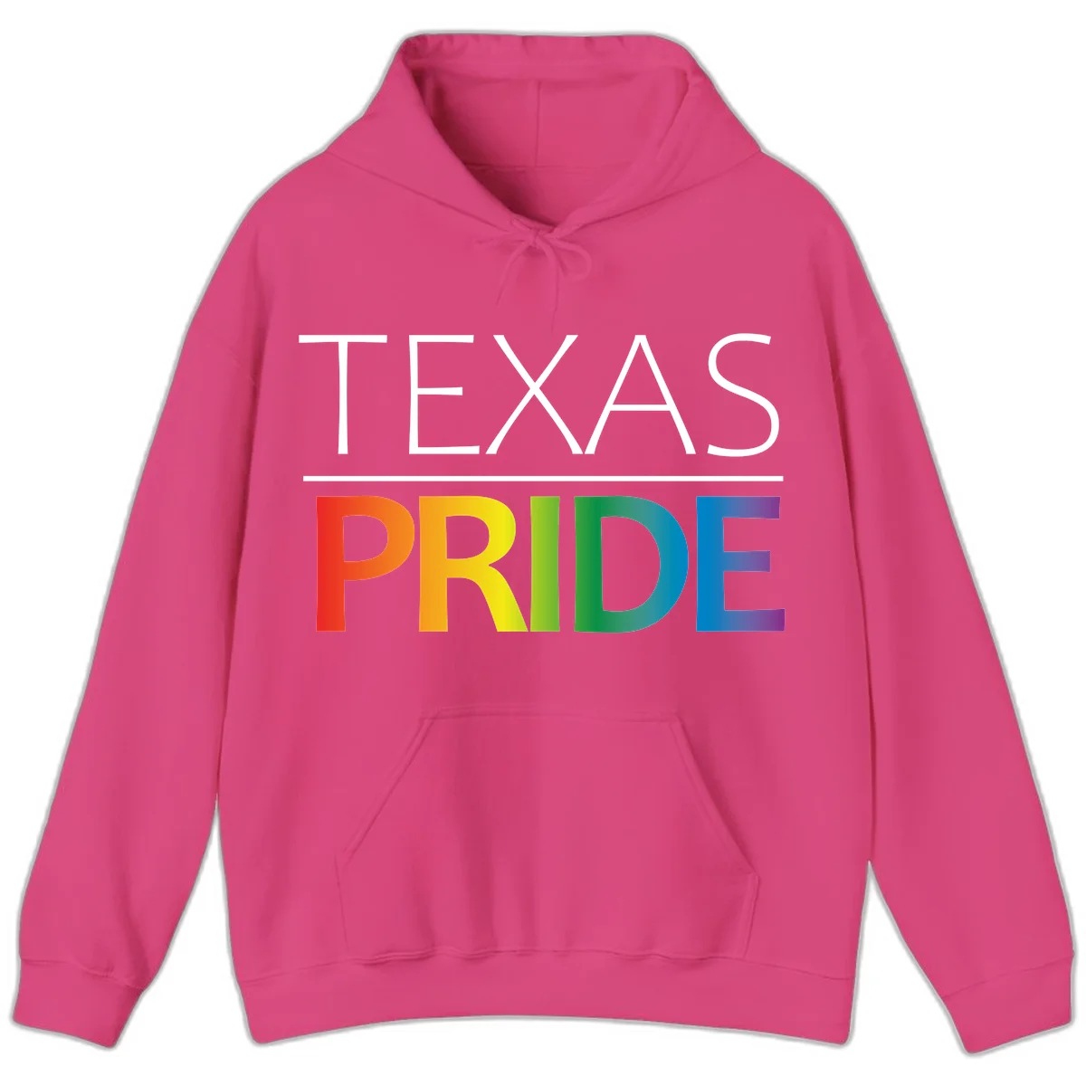 Texas Pride design with rainbow gradient letters spelling TEXAS and PRIDE in bold typography in Heliconia