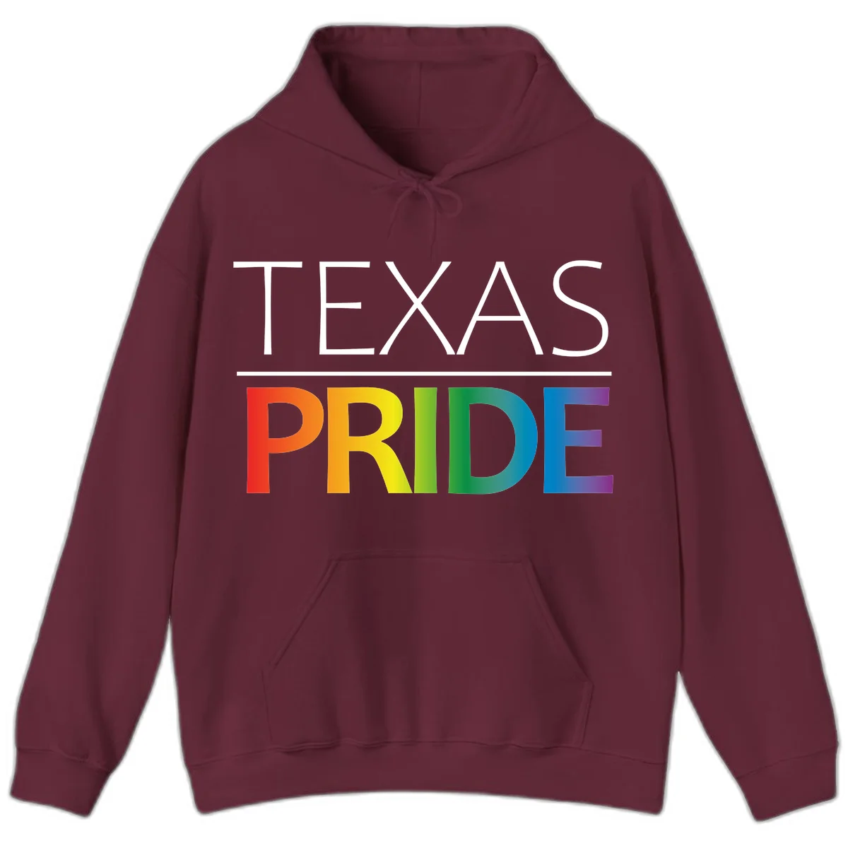 Texas Pride design with rainbow gradient letters spelling TEXAS and PRIDE in bold typography in Maroon