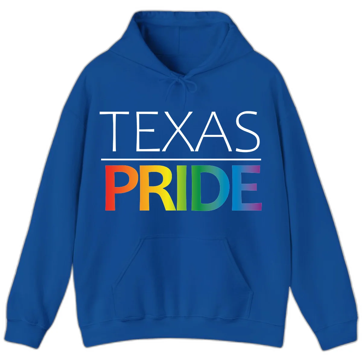 Texas Pride design with rainbow gradient letters spelling TEXAS and PRIDE in bold typography in Royal