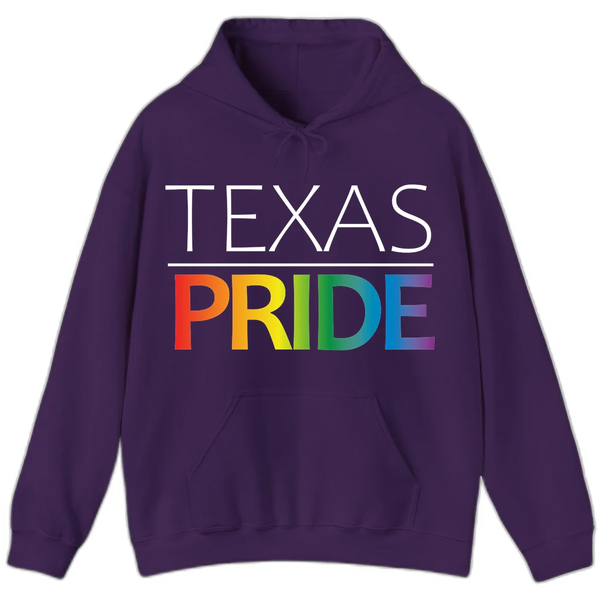 Texas Pride design with rainbow gradient letters spelling TEXAS and PRIDE in bold typography in Purple