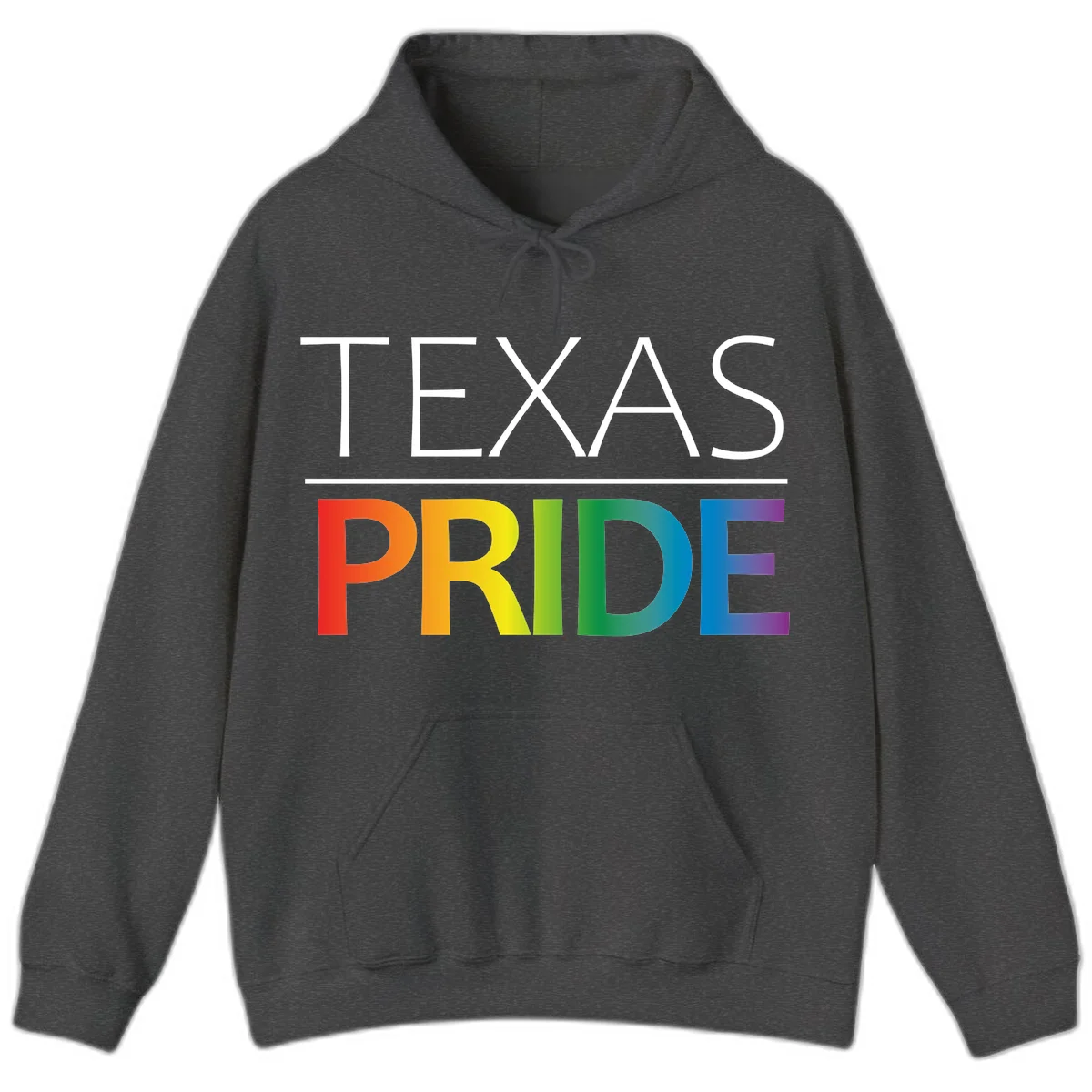 Texas Pride design with rainbow gradient letters spelling TEXAS and PRIDE in bold typography in Dark Heather