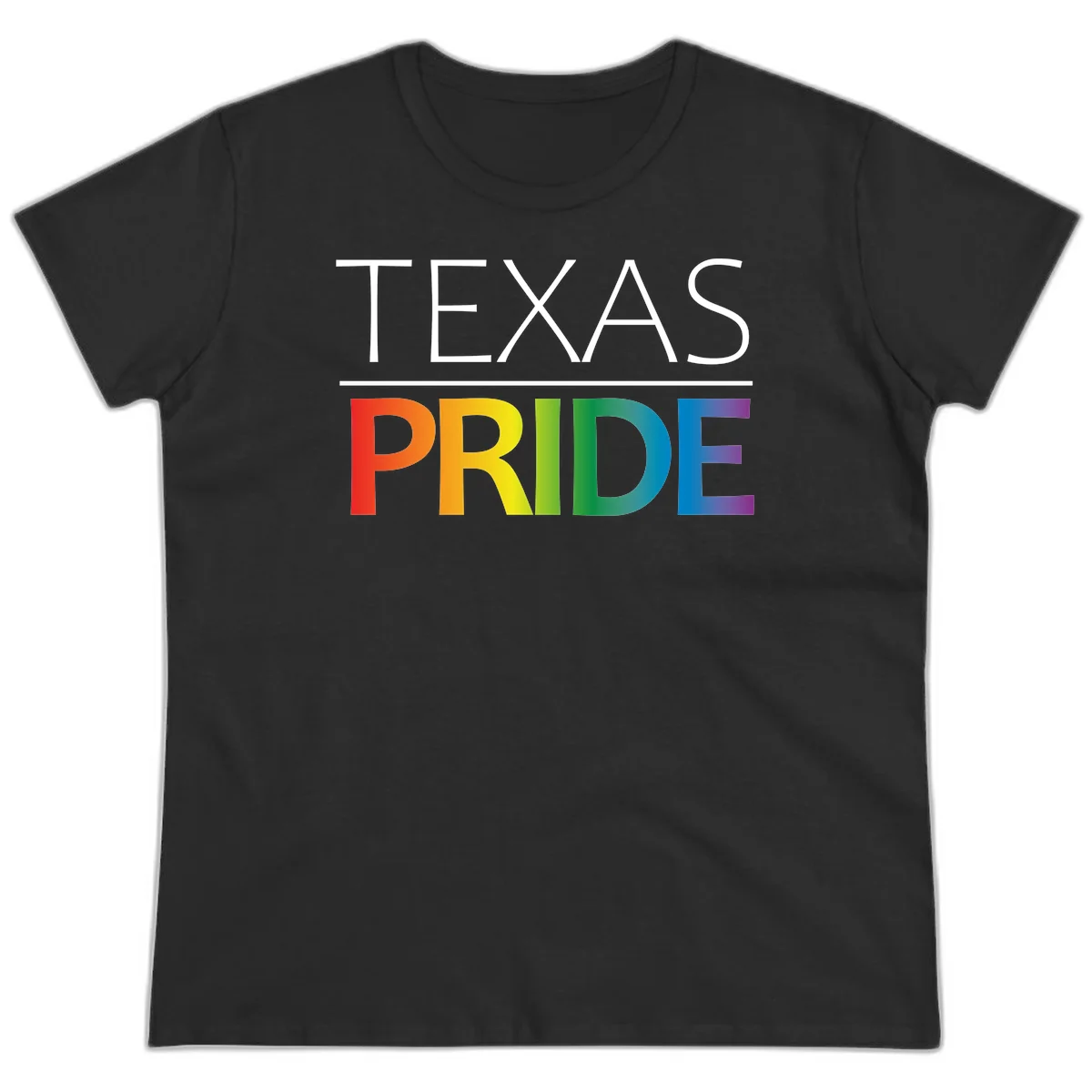 Texas Pride design with rainbow gradient letters spelling TEXAS and PRIDE in bold typography in Black