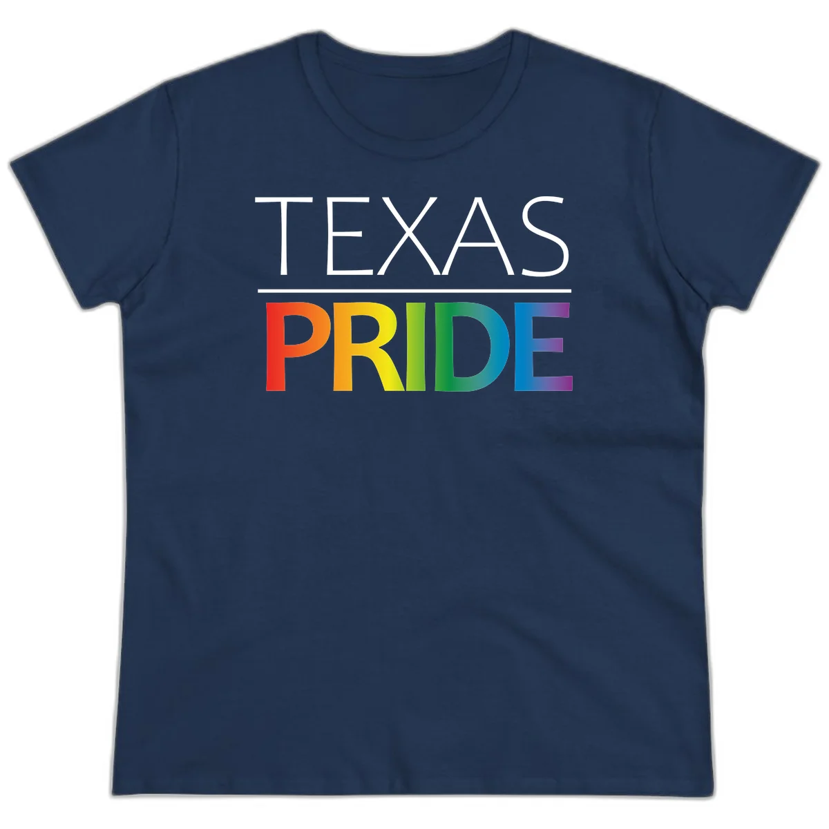 Texas Pride design with rainbow gradient letters spelling TEXAS and PRIDE in bold typography in Navy