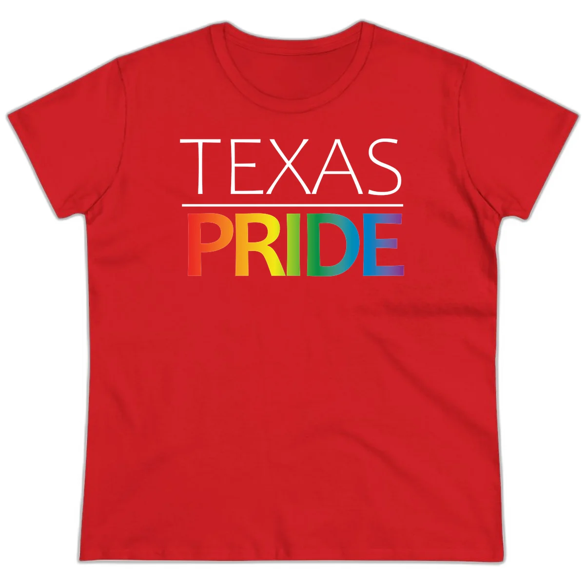 Texas Pride design with rainbow gradient letters spelling TEXAS and PRIDE in bold typography in Red