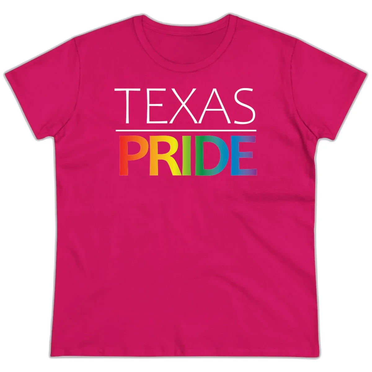 Texas Pride design with rainbow gradient letters spelling TEXAS and PRIDE in bold typography in Heliconia