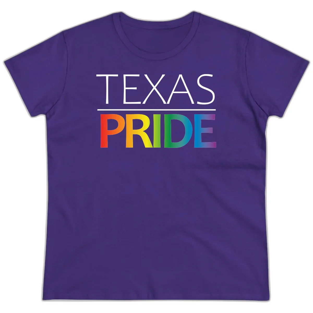 Texas Pride design with rainbow gradient letters spelling TEXAS and PRIDE in bold typography in Purple