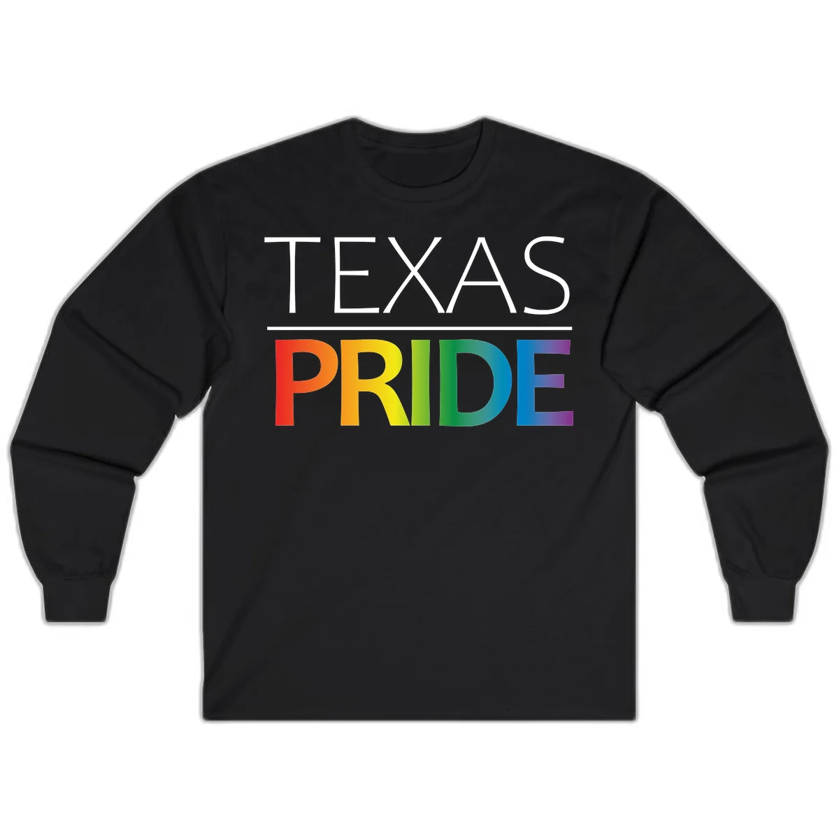 Texas Pride design with rainbow gradient letters spelling TEXAS and PRIDE in bold typography in Black