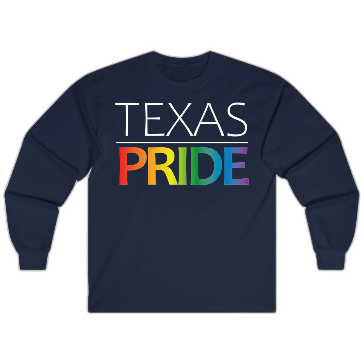 Texas Pride design with rainbow gradient letters spelling TEXAS and PRIDE in bold typography in Navy