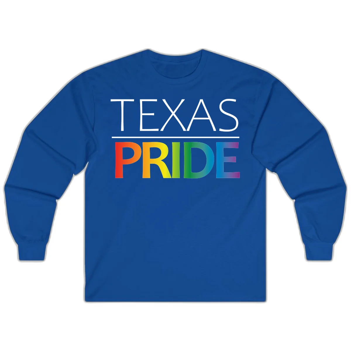 Texas Pride design with rainbow gradient letters spelling TEXAS and PRIDE in bold typography in Royal