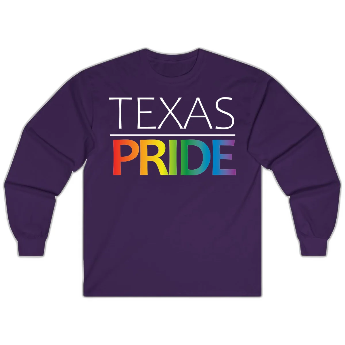 Texas Pride design with rainbow gradient letters spelling TEXAS and PRIDE in bold typography in Purple