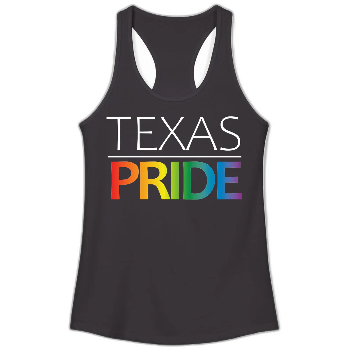 Texas Pride design with rainbow gradient letters spelling TEXAS and PRIDE in bold typography in Black