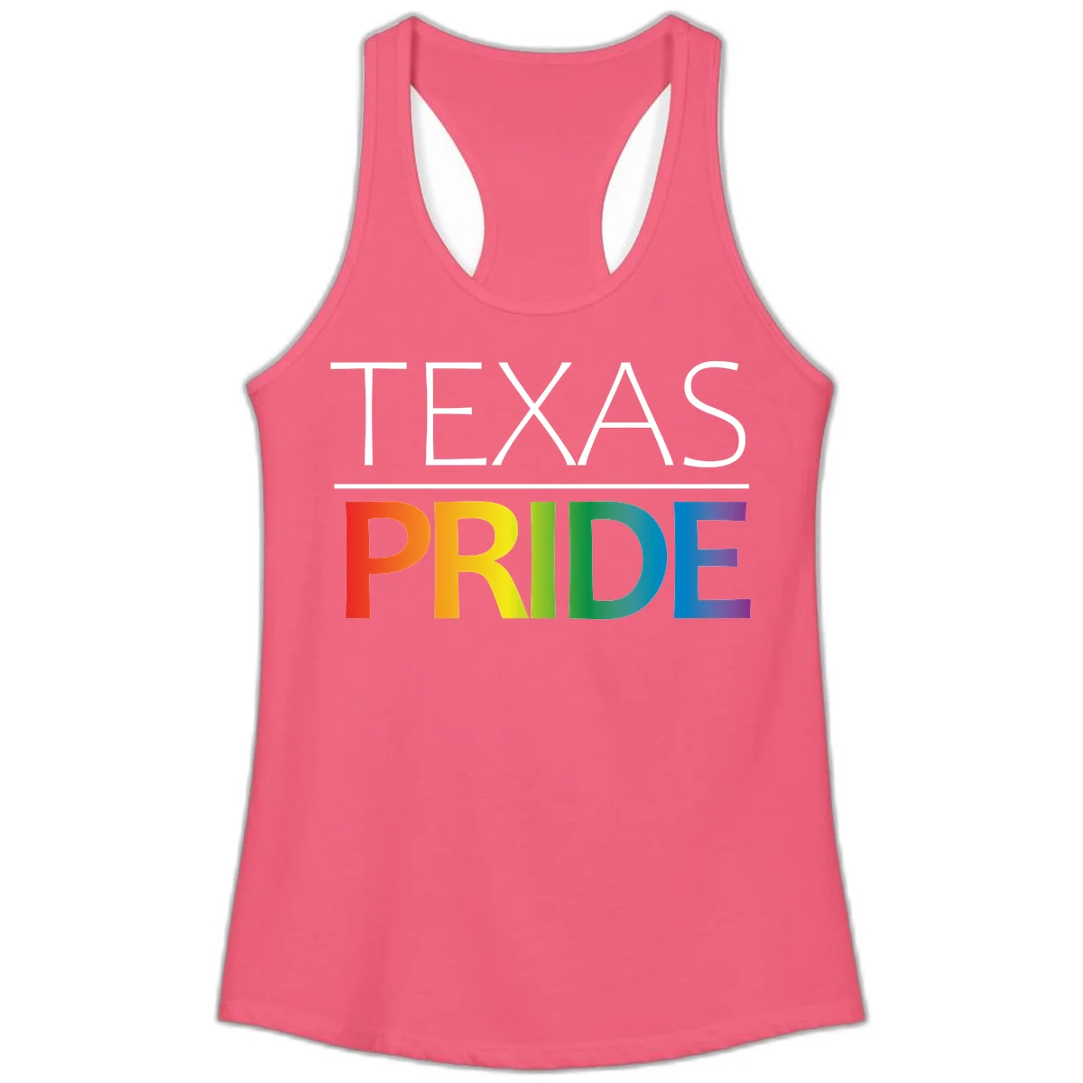 Texas Pride design with rainbow gradient letters spelling TEXAS and PRIDE in bold typography in Hot Pink